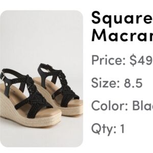 Torrid Square toe Black Macrame Wedge Sandals Size 8.5